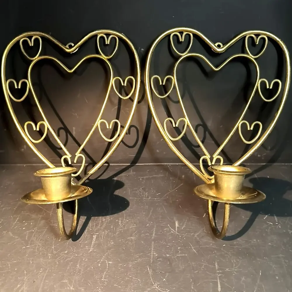 1287. Set of 2 Brass Heart Shaped Candle Sconces